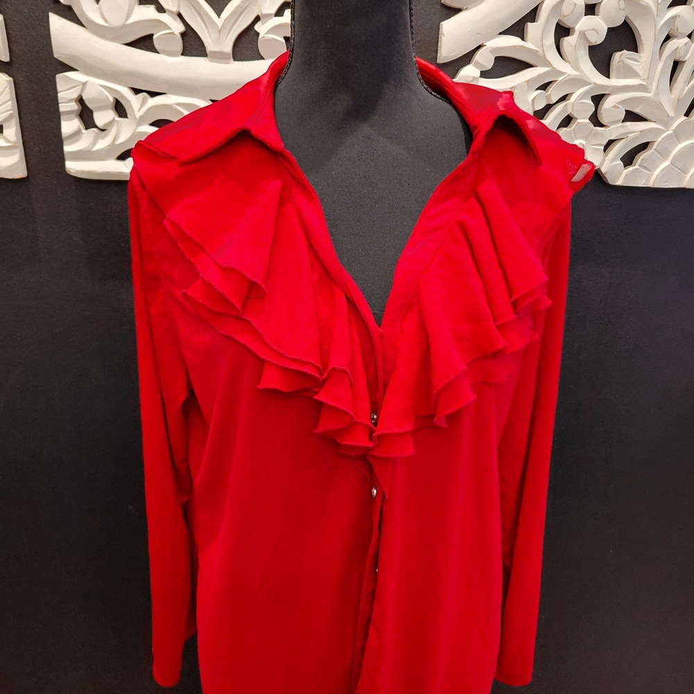 Avenue Red Ruffle Front Button-Down Shirt